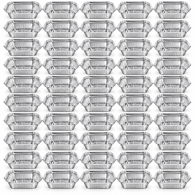 50 aluminium foil containers in a 5 x 10 grid, shallow rectangular silver food trays with ribbed sides