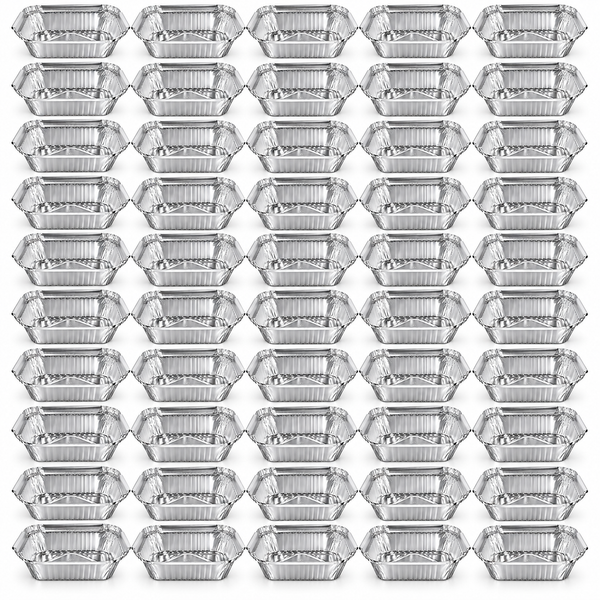 50 aluminium foil containers in a 5 x 10 grid, shallow rectangular silver food trays with ribbed sides