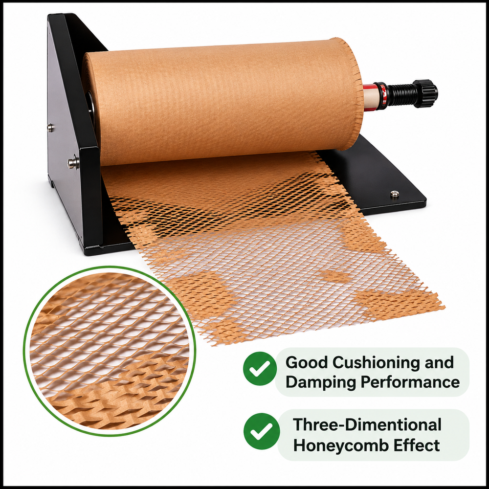 Honeycomb paper dispenser machine with a close-up of the 3D honeycomb cushioning pattern