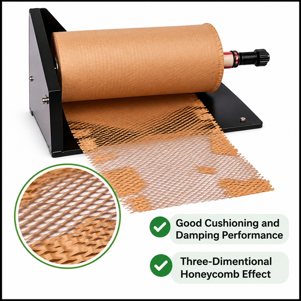 Honeycomb paper dispenser machine with a close-up of the 3D honeycomb cushioning pattern