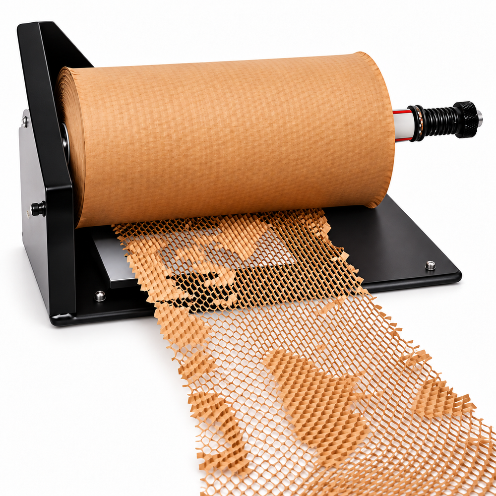 Honeycomb paper dispenser machine loaded with a 390 mm brown roll, paper pulled out in front