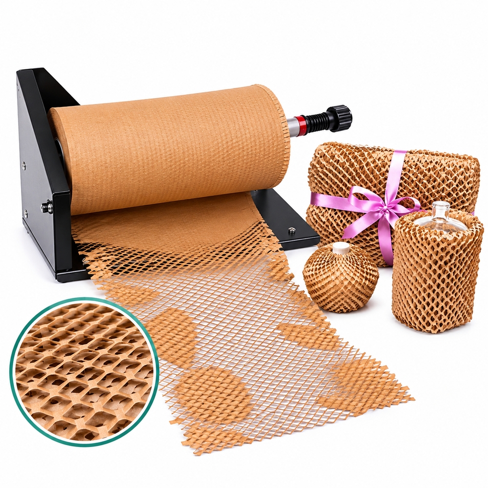 Honeycomb paper dispenser machine beside a gift box, bottle and ball wrapped in honeycomb paper