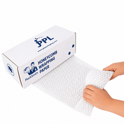 White honeycomb paper 390 mm x 100 m roll being pulled from its PackSmith dispenser box