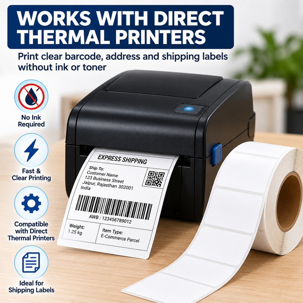 Thermal shipping labels 4 x 6 inch coming out of a direct thermal printer with a barcode