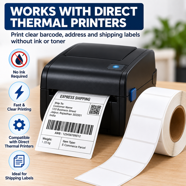 Thermal shipping labels 4 x 6 inch coming out of a direct thermal printer with a barcode