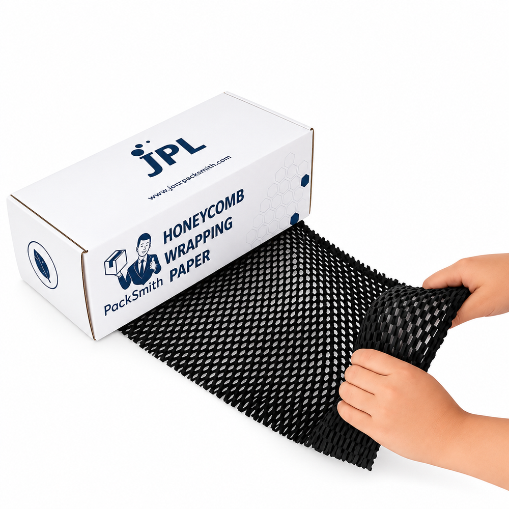 Black honeycomb wrapping paper drawn out of a PackSmith dispenser box, hands stretching the paper mesh