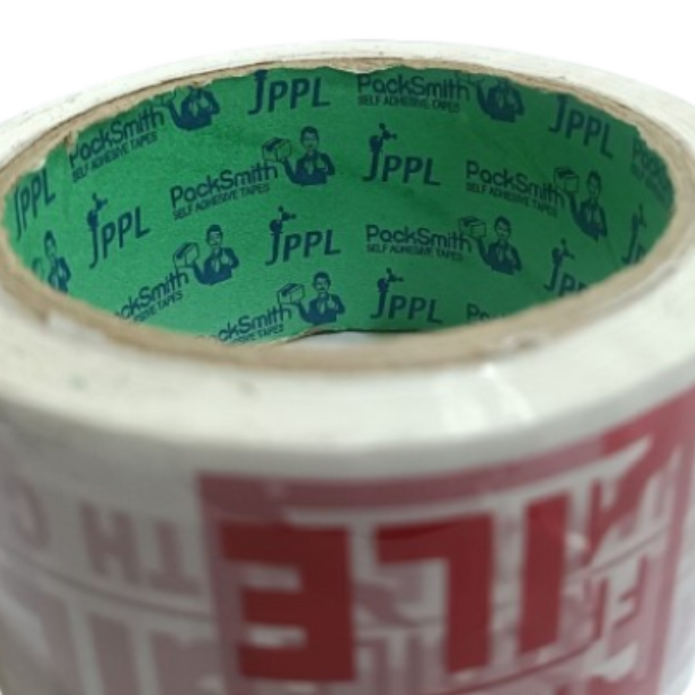 Fragile packing tape 2 inch x 65 m, close-up of the PackSmith and JPPL printed green core
