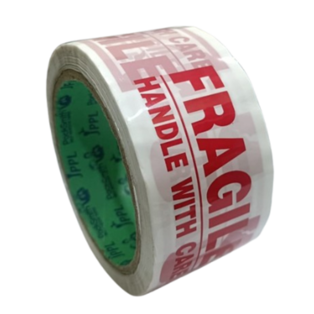 Fragile packing tape 2 inch x 65 m, roll standing on edge showing the red on white print