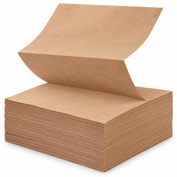 Fan fold void fill paper 380 x 250 mm, stack of brown kraft sheets with the top sheet lifted