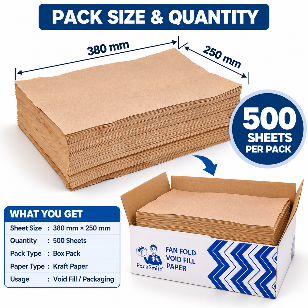 Fan fold void fill paper 380 x 250 mm, pack size infographic showing 500 sheets per box