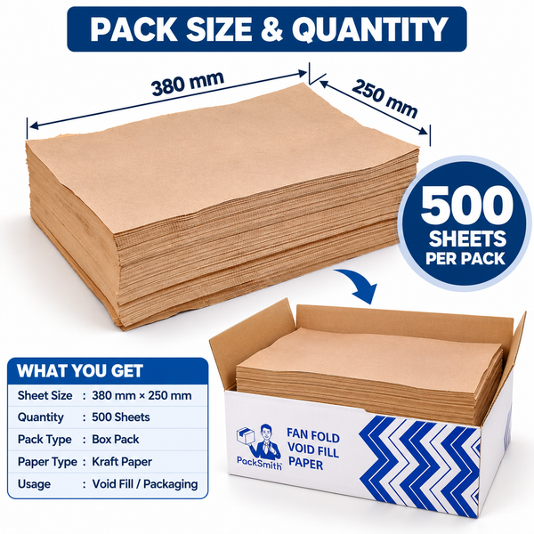 Fan fold void fill paper 380 x 250 mm, pack size infographic showing 500 sheets per box