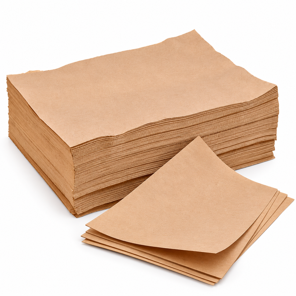 Fan fold void fill paper 380 x 250 mm, loose kraft sheets fanned out beside a tall stack