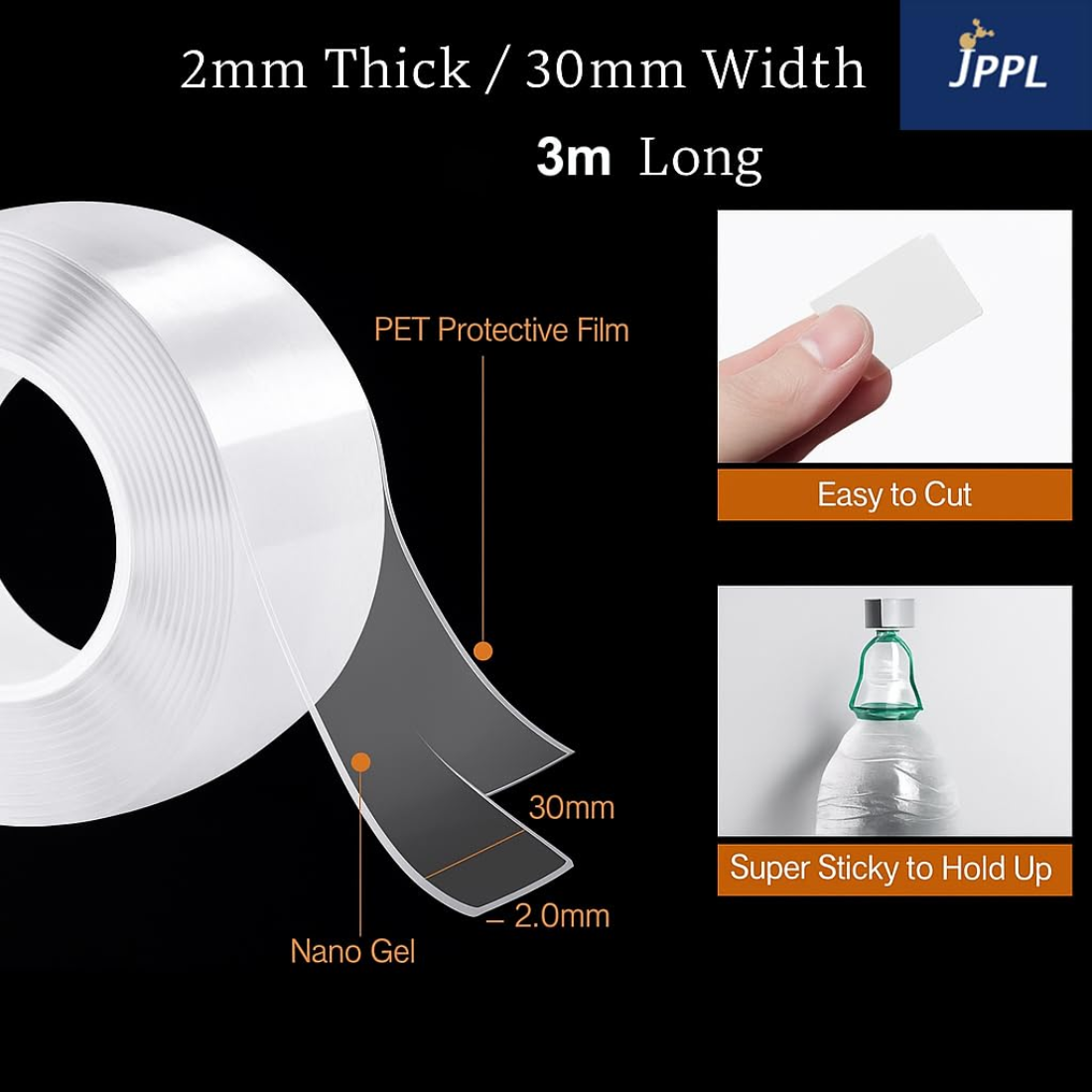 Nano Tape 3 Meter Transparent Double-Sided Adhesive Removable, Reusable, Waterproof Gel Grip 30mm Width (Set of 1) Size View