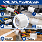 White PVC insulation tape 2 inch x 20 m, grid of uses from cable labelling to carton sealing
