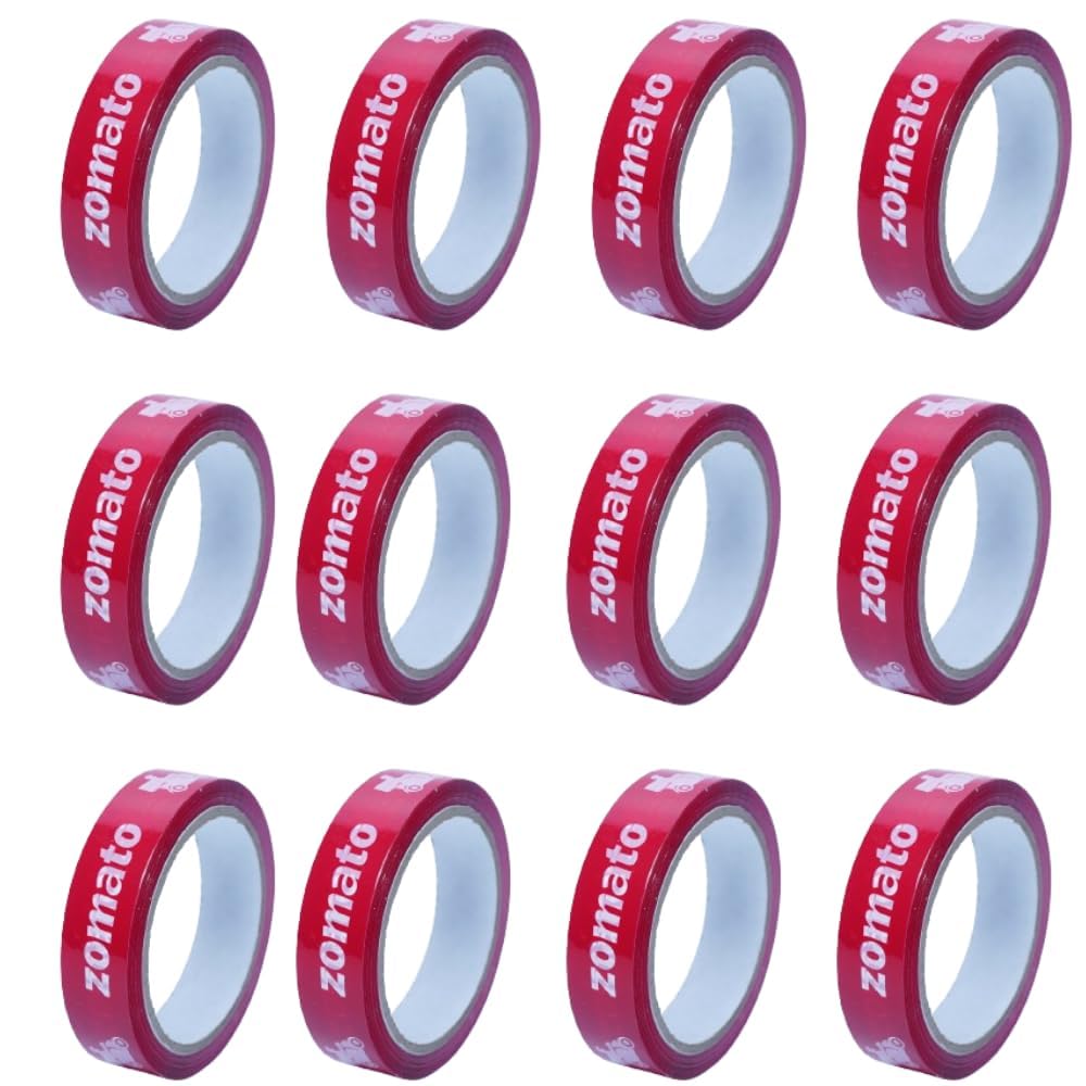 Food delivery tape for Zomato partners, 12 red 1 inch x 65 m rolls laid out in a 4 x 3 grid