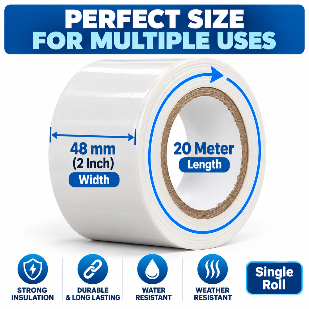 White PVC insulation tape 2 inch x 20 m, diagram marking the 48 mm width and 20 metre length