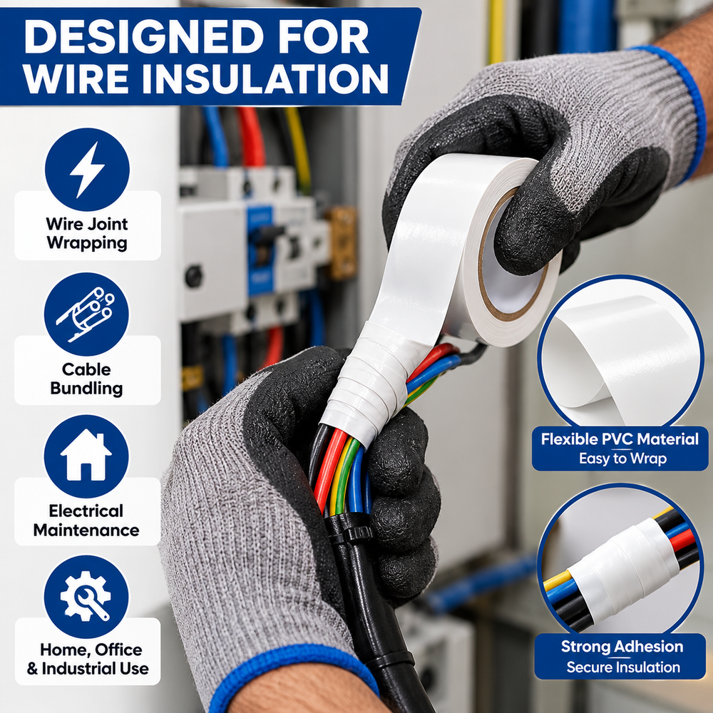 White PVC insulation tape 2 inch x 20 m, wire joint wrapping and cable bundling uses explained