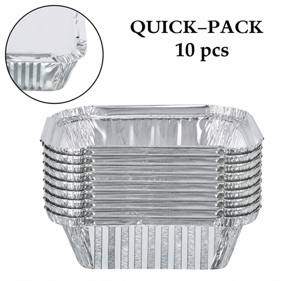 Aluminium foil containers stack of 10, rectangular silver trays with a close-up of the folded rim edge