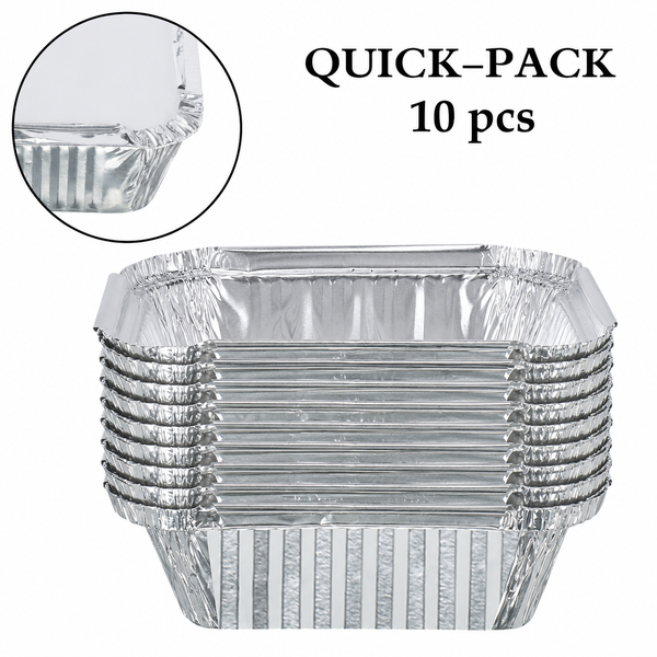 Aluminium foil containers stack of 10, rectangular silver trays with a close-up of the folded rim edge