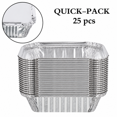 Stack of 25 aluminium foil containers, rectangular takeaway trays with a close-up inset of the curled rim
