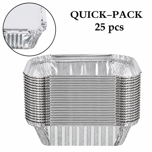 Stack of 25 aluminium foil containers, rectangular takeaway trays with a close-up inset of the curled rim