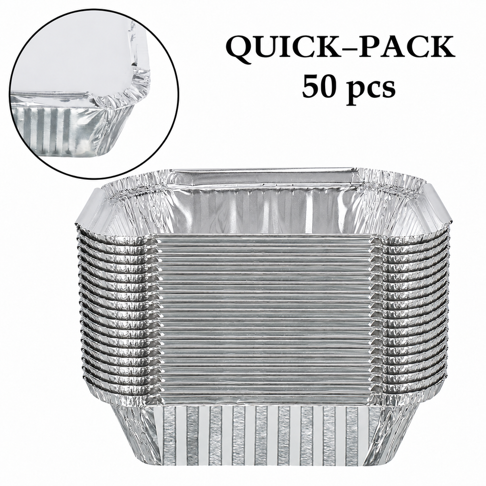 Aluminium foil container pack of 50 shown as a nested stack of silver trays with rim close-up
