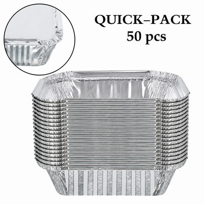 Aluminium foil container pack of 50 shown as a nested stack of silver trays with rim close-up