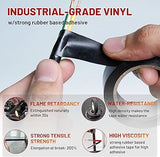Black PVC electrical tape 18 mm x 6 m, hands wrapping wires, with a panel of tape properties