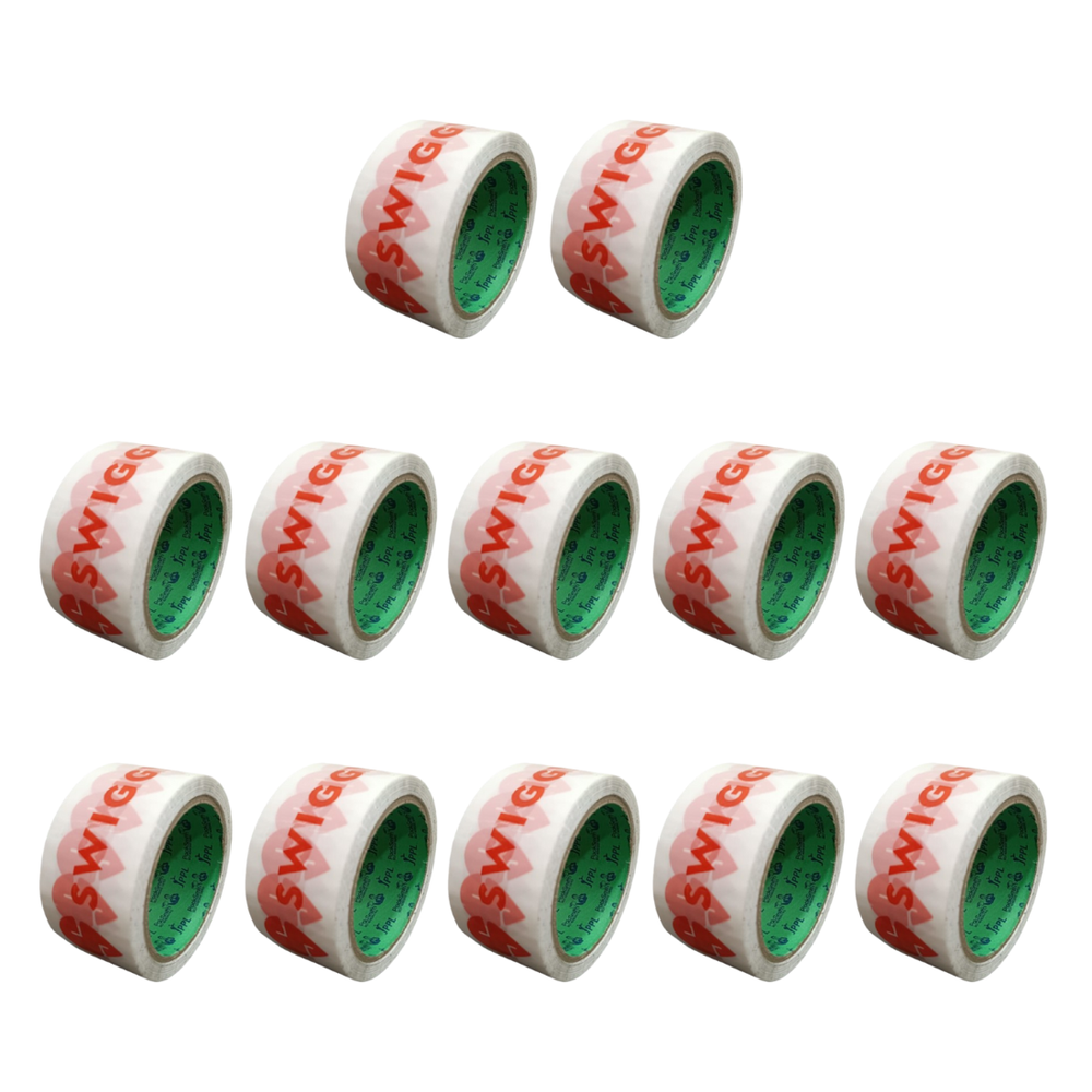Food delivery tape for Swiggy partners 2 inch x 65 m, pack of 12 rolls arranged in three rows