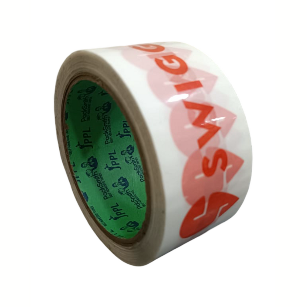 Food delivery tape for Swiggy partners 2 inch x 65 m, roll tilted to show the printed green core