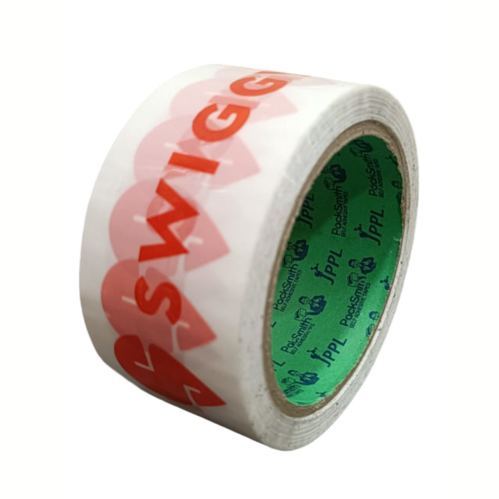 Food delivery tape for Swiggy partners 2 inch x 65 m, single roll front view on white