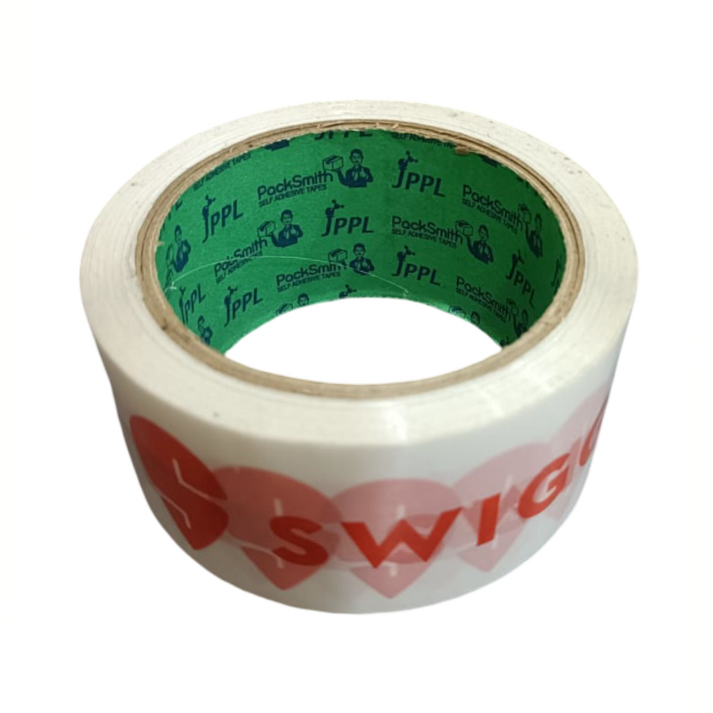 Food delivery tape for Swiggy partners 2 inch x 65 m, top angle looking into the green JPPL core