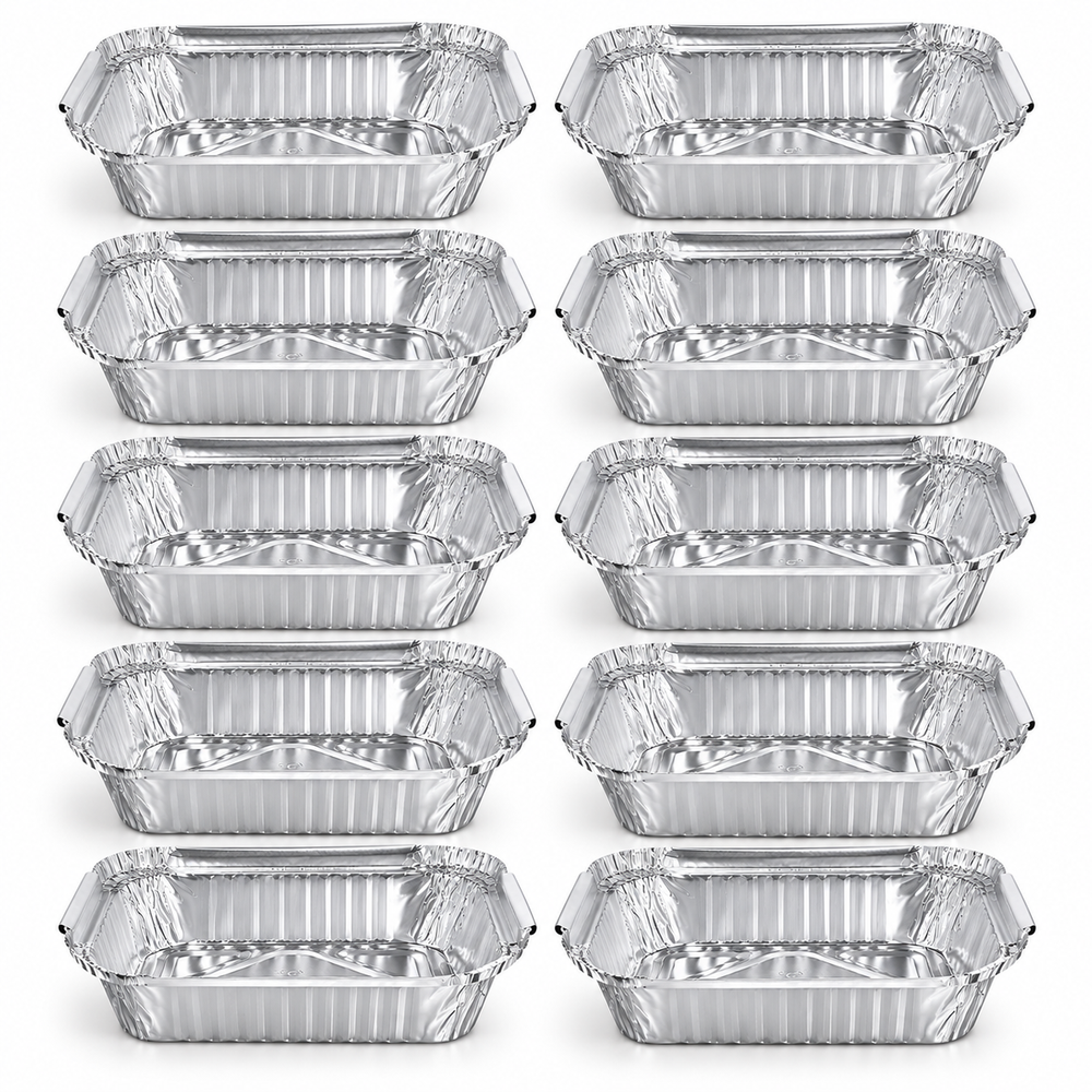 Close view of 10 aluminium foil containers in two columns, deep rectangular trays with crimped rims