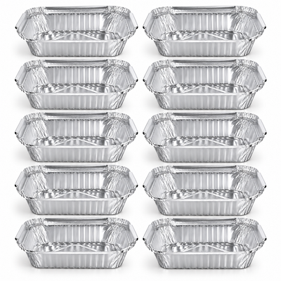 Close view of 10 aluminium foil containers in two columns, deep rectangular trays with crimped rims