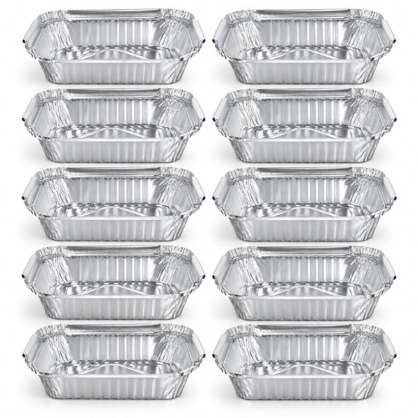Close view of 10 aluminium foil containers in two columns, deep rectangular trays with crimped rims