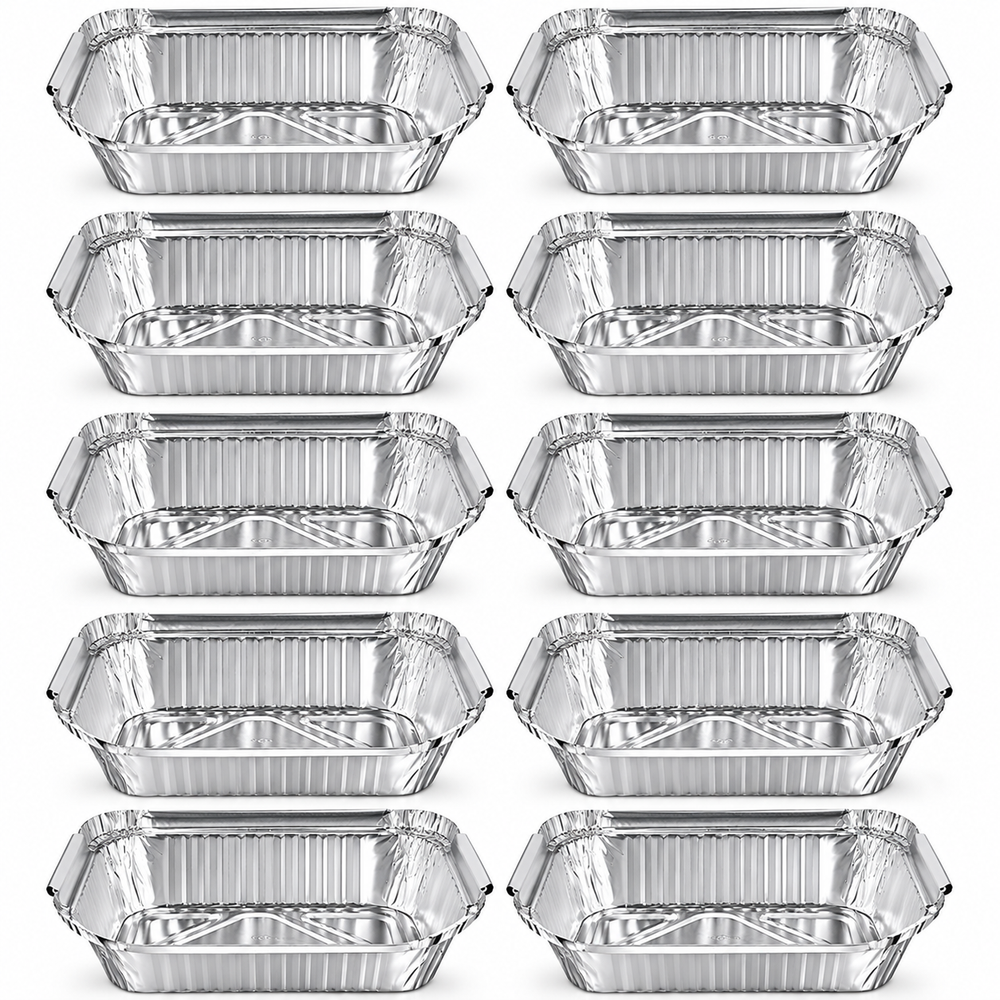 Ten aluminium foil food containers laid out in two rows of five, rectangular trays without lids