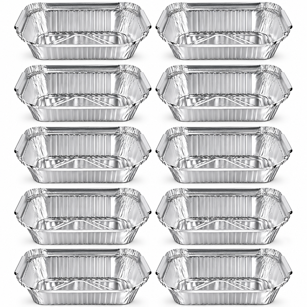 Ten aluminium foil food containers laid out in two rows of five, rectangular trays without lids