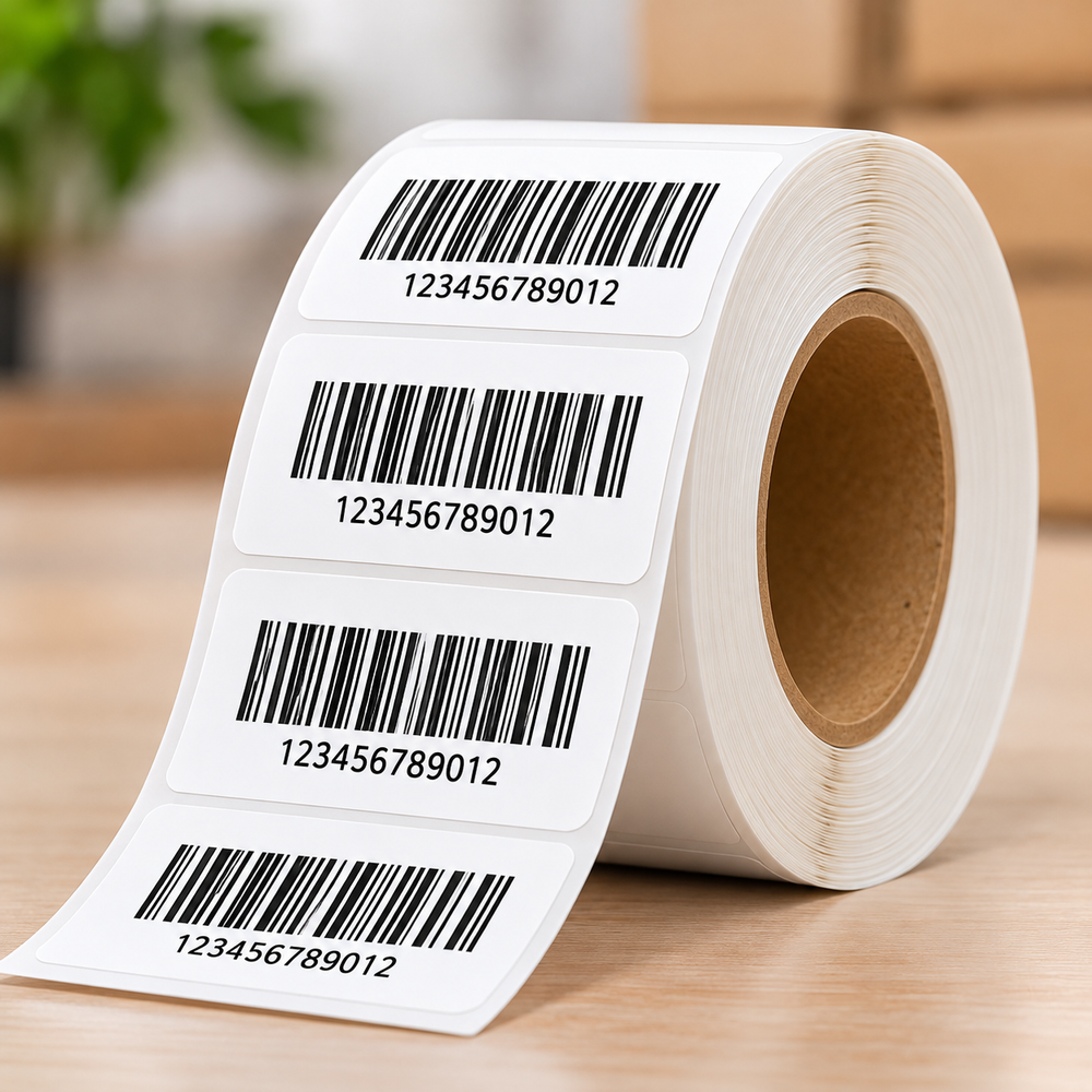 Thermal shipping labels 2 x 1 inch, roll of printed barcode labels on a wooden desk