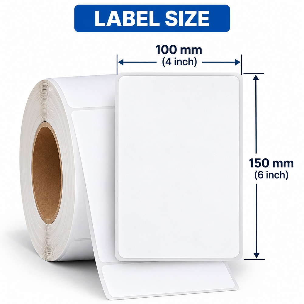 Thermal shipping labels size guide showing one label at 100 x 150 mm (4 x 6 inch)