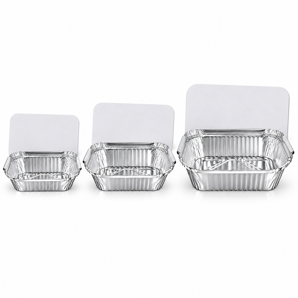 Aluminium foil containers with lids in three sizes, small, medium and large, each with a white board lid behind it