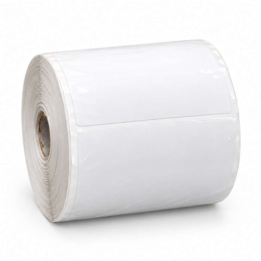 Thermal shipping labels 4 x 6 inch, angled view of a full roll of blank white labels