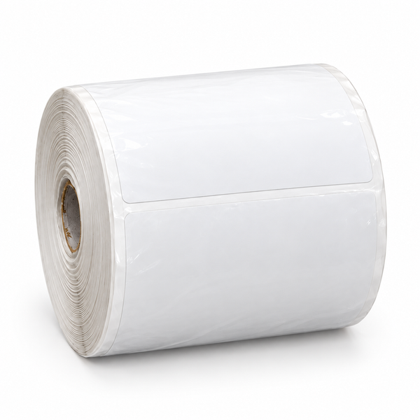Thermal shipping labels 4 x 6 inch, angled view of a full roll of blank white labels