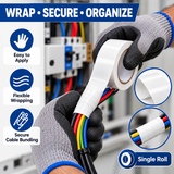 White PVC insulation tape 2 inch x 20 m, gloved hands wrapping coloured cables at an electrical panel