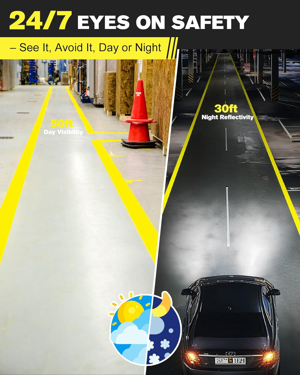 Yellow floor marking tape 2 inch x 25 m, warehouse aisle lines shown in daylight and at night
