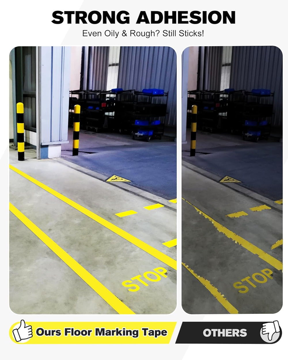 Yellow floor marking tape 2 inch x 25 m, warehouse floor lane markings beside a peeling example