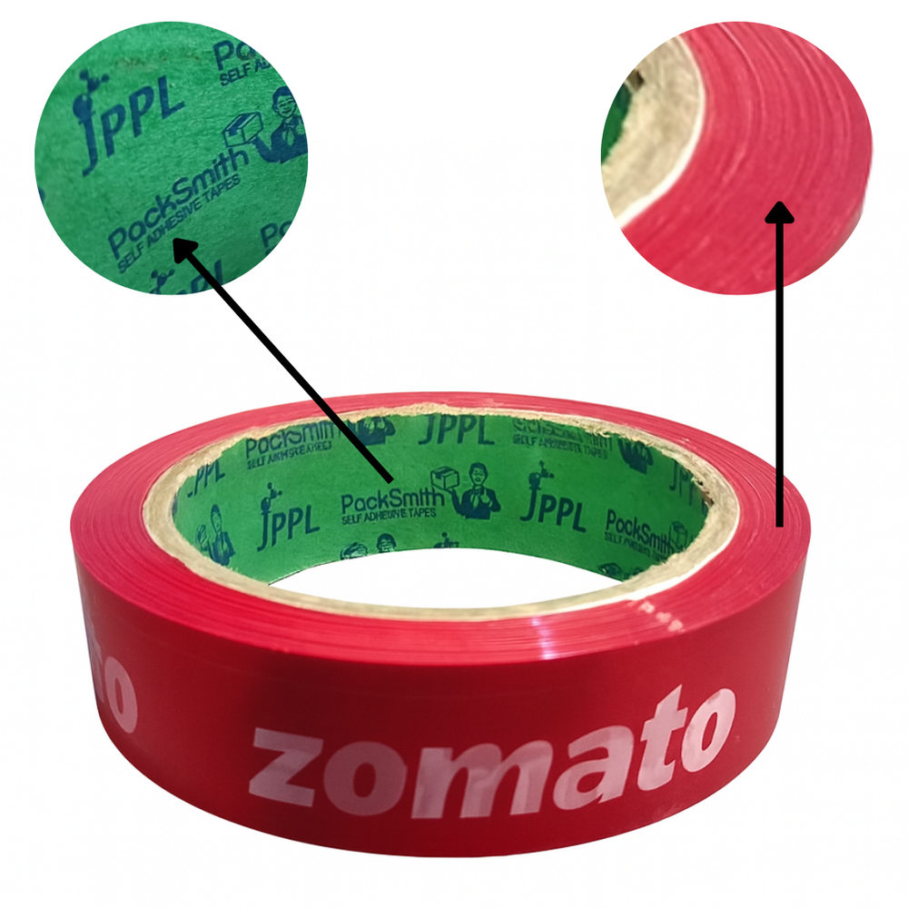 Food delivery tape for Zomato partners, red 1 inch x 65 m roll with zoomed views of the core and tape edge