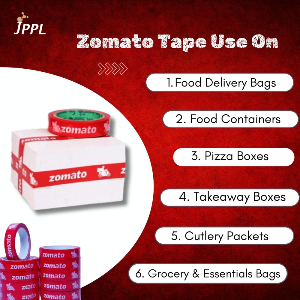 Food delivery tape for Zomato partners infographic listing six uses, from food bags to pizza boxes
