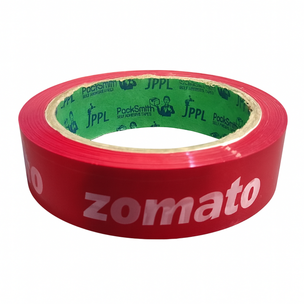 Food delivery tape for Zomato partners, red 1 inch x 65 m roll with white print and green printed core