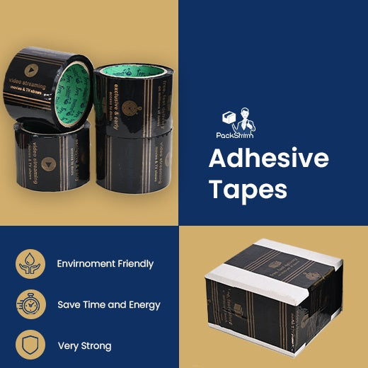 Printed packaging tape for Amazon sellers 3 inch x 65 m, rolls and a taped box with a features panel