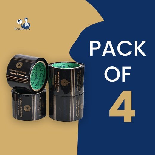 Printed packaging tape for Amazon sellers, black 3 inch x 65 m, pack of 4 rolls stacked on a banner